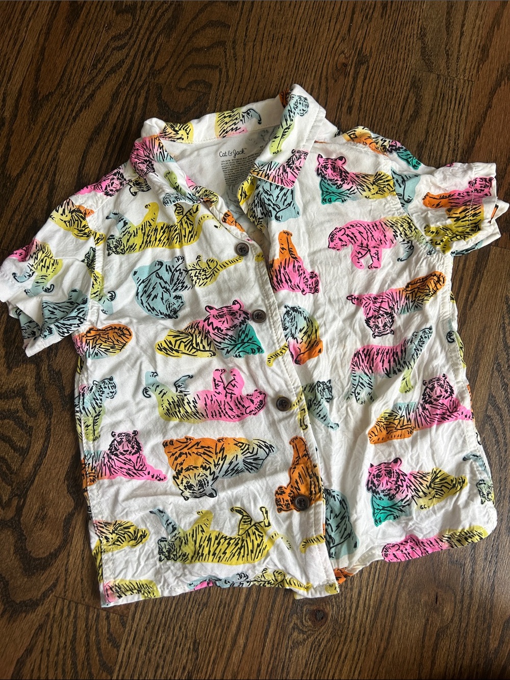 Cat & Jack White Short-Sleeve Button-Front Shirt with Multicolor Tiger Prints